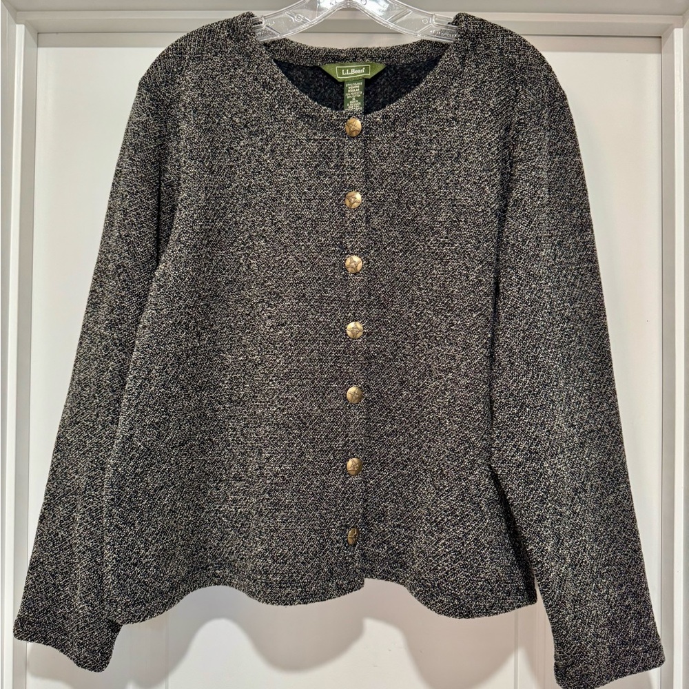 Vintage L.L. Bean Women's Black and Gray Cardigan‎ Sweater with Brass Buttons